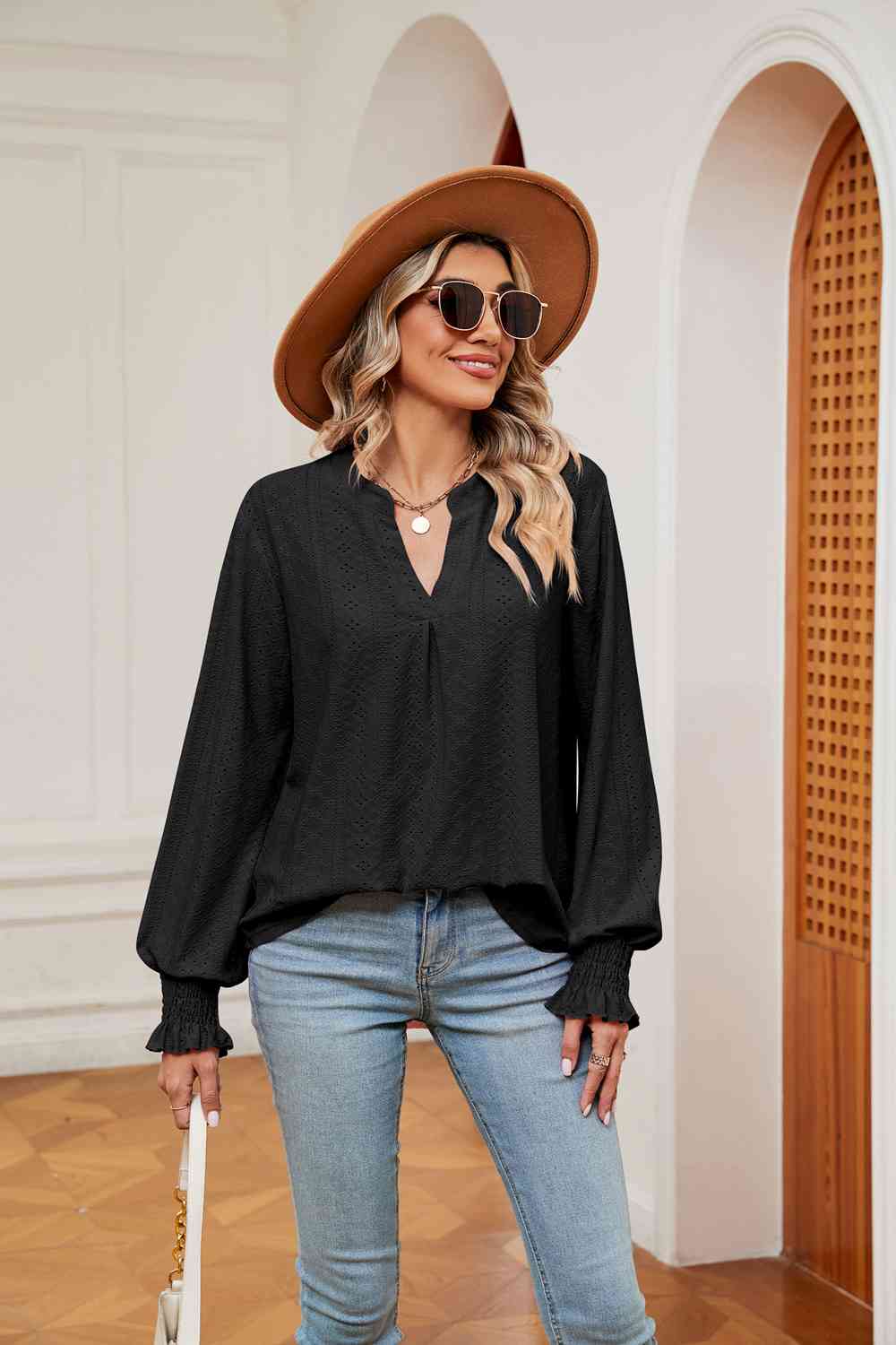 Notched Neck Flounce Sleeve Blouse