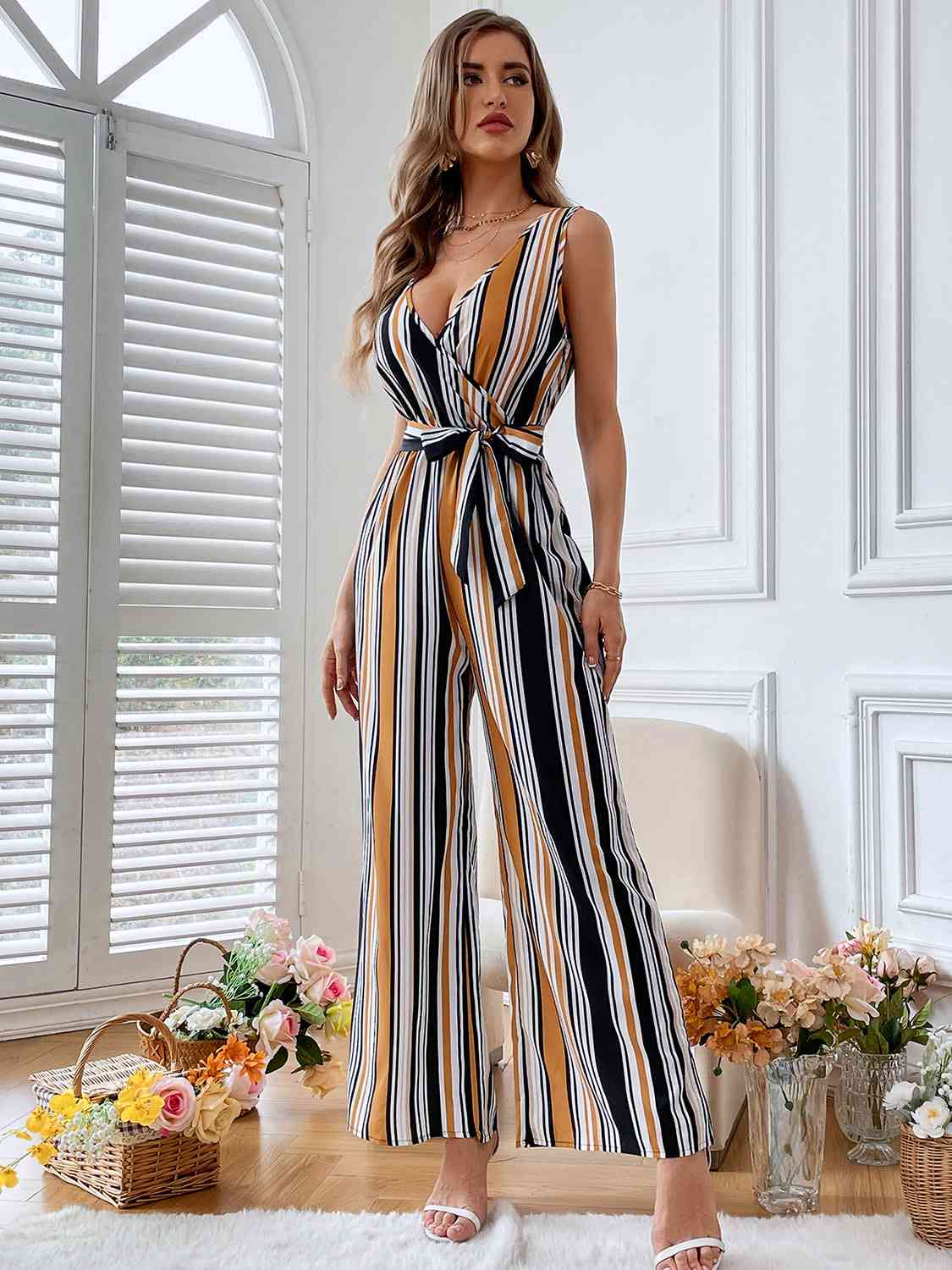 Striped Surplice Neck Sleeveless Wide Leg Jumpsuit