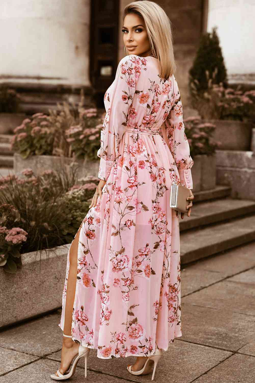 Floral Tie Belt Bishop Sleeve Slit Maxi Dress