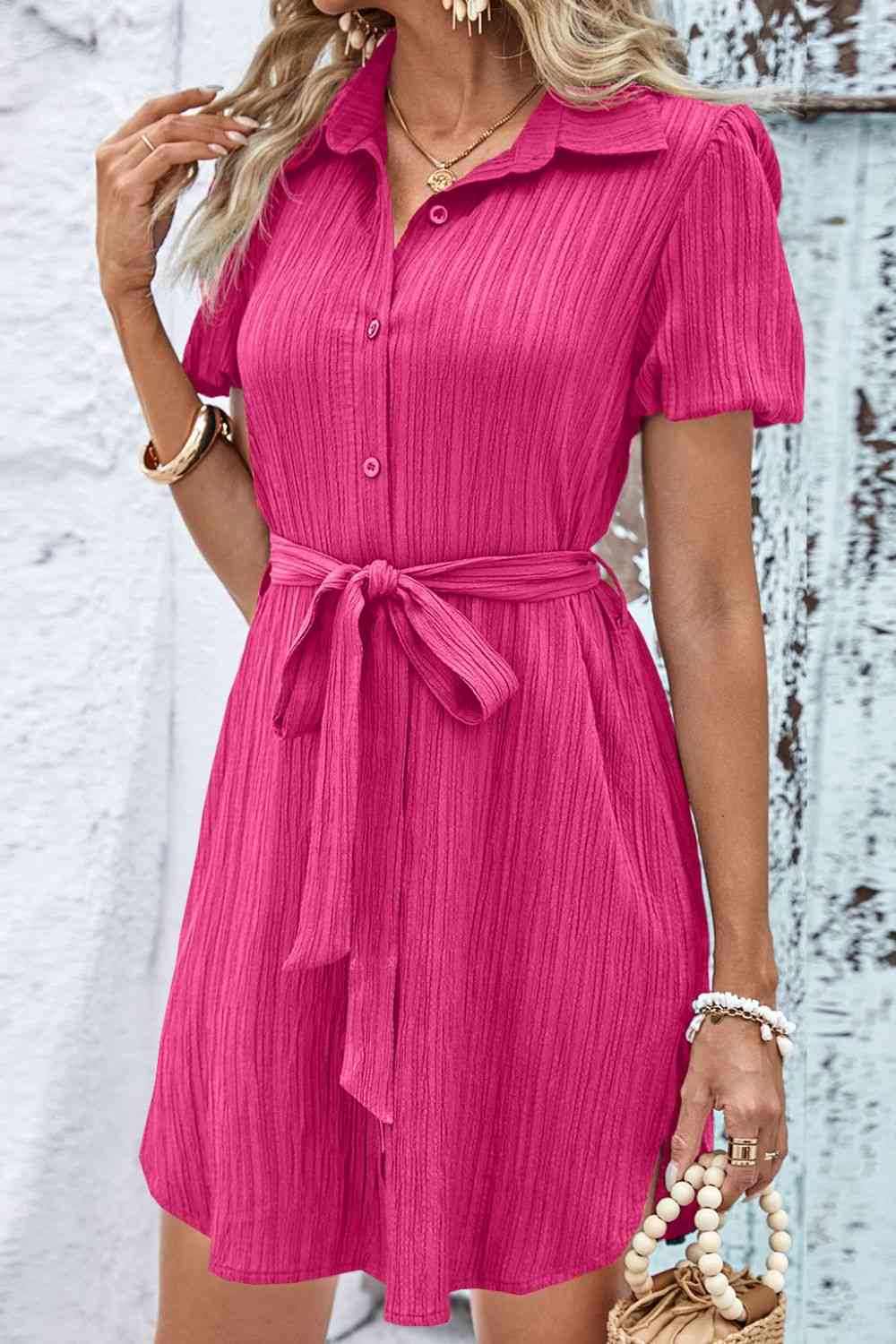 Textured Tie Belt Short Sleeve Dress