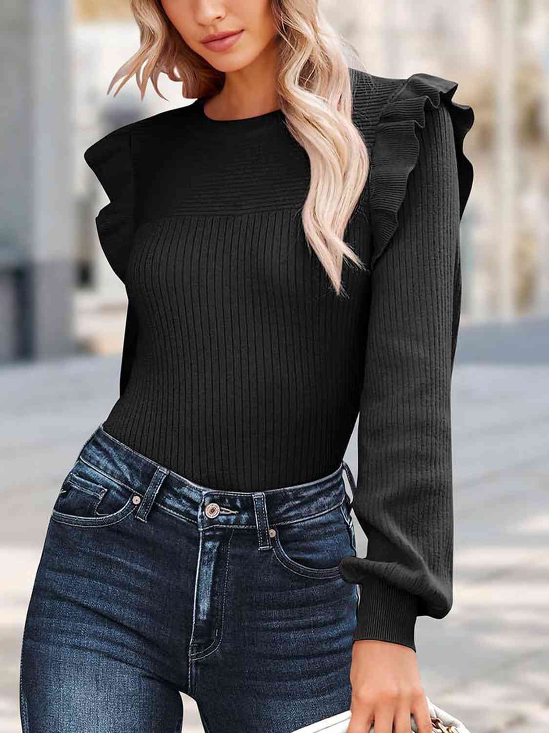 Ribbed Ruffled Round Neck Long Sleeve Knit-Top