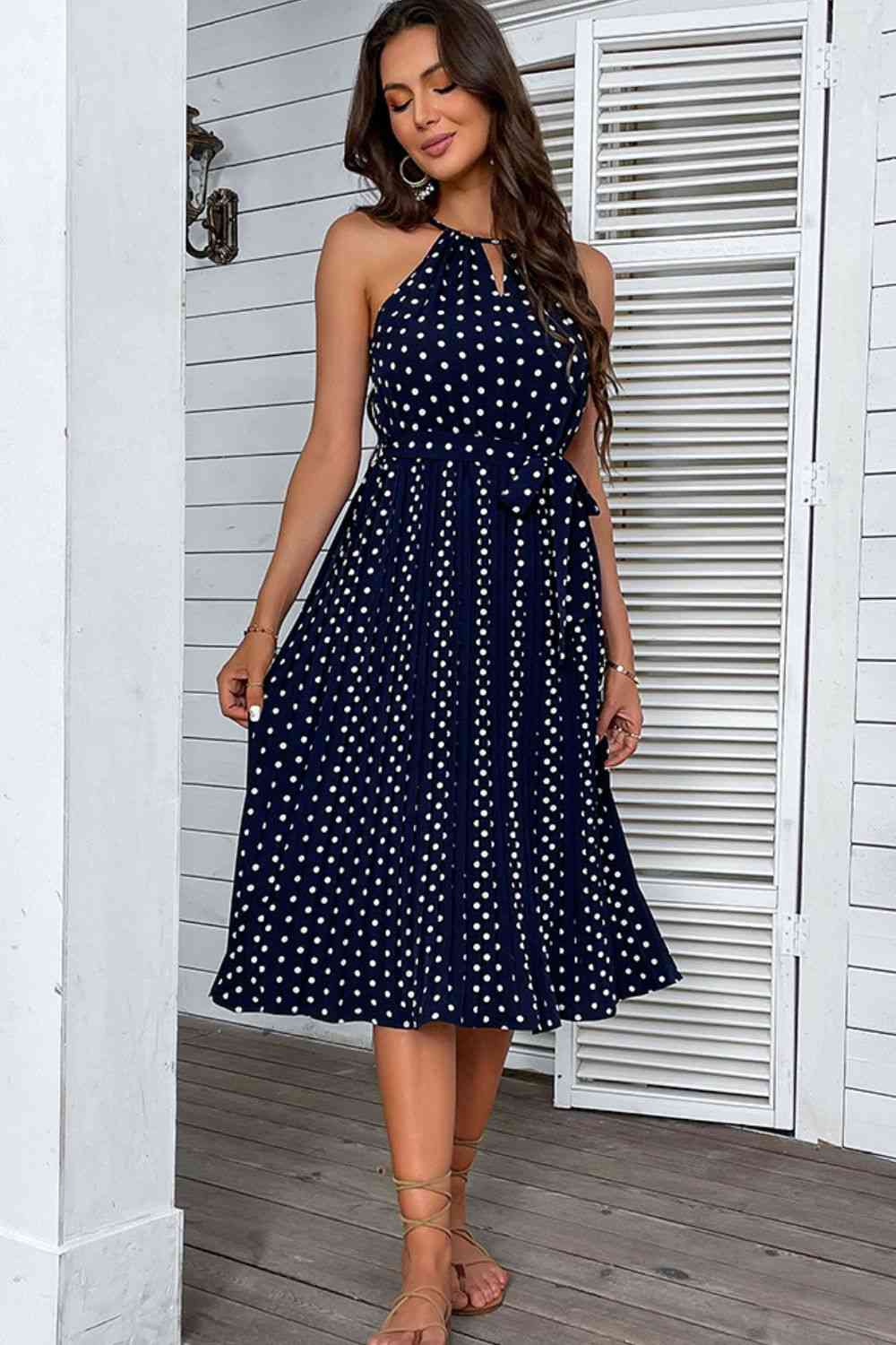 Polka Dot Tie-Waist Sleeveless Midi Dress