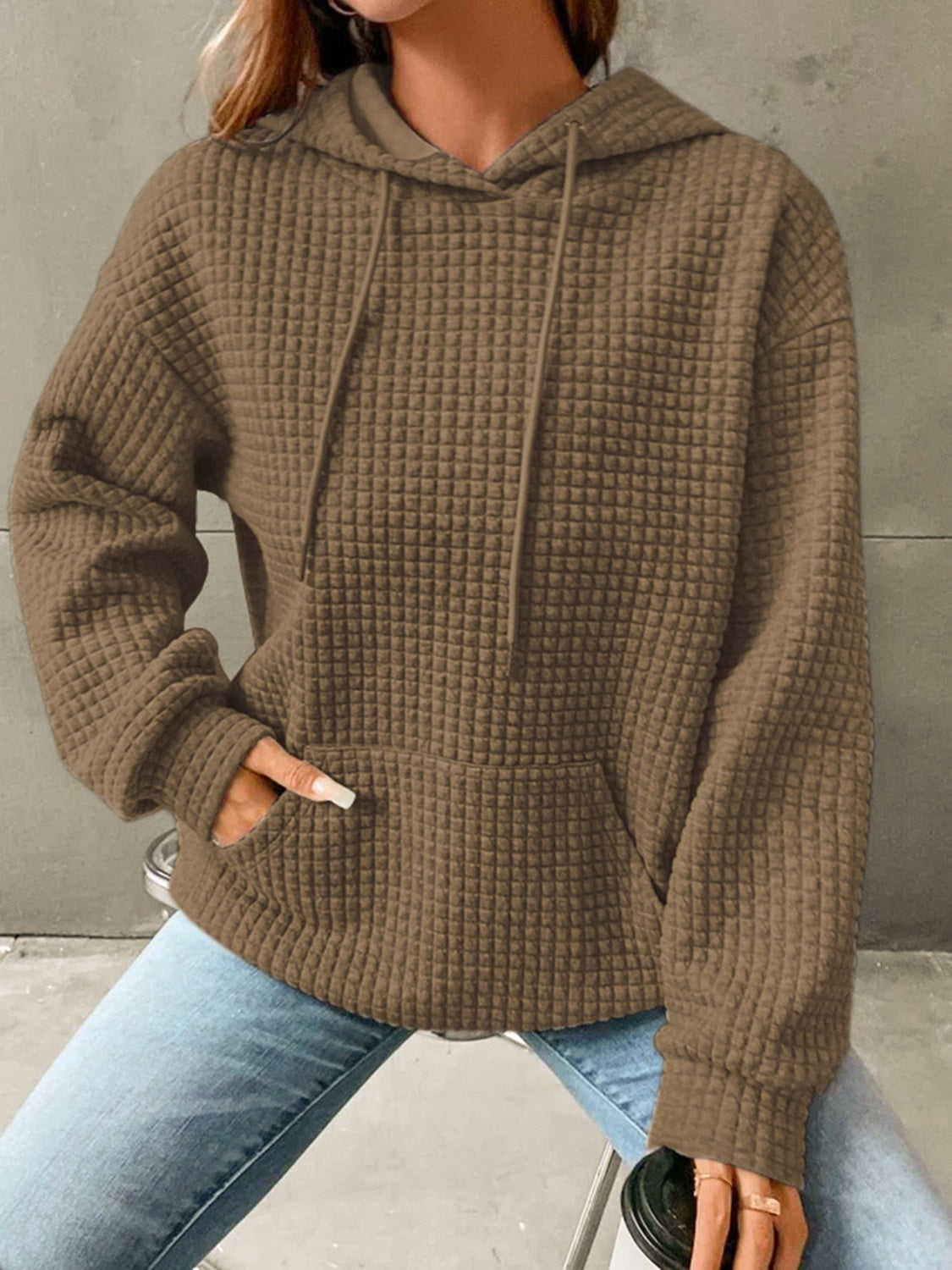 Textured Drawstring Drop Shoulder Hoodie