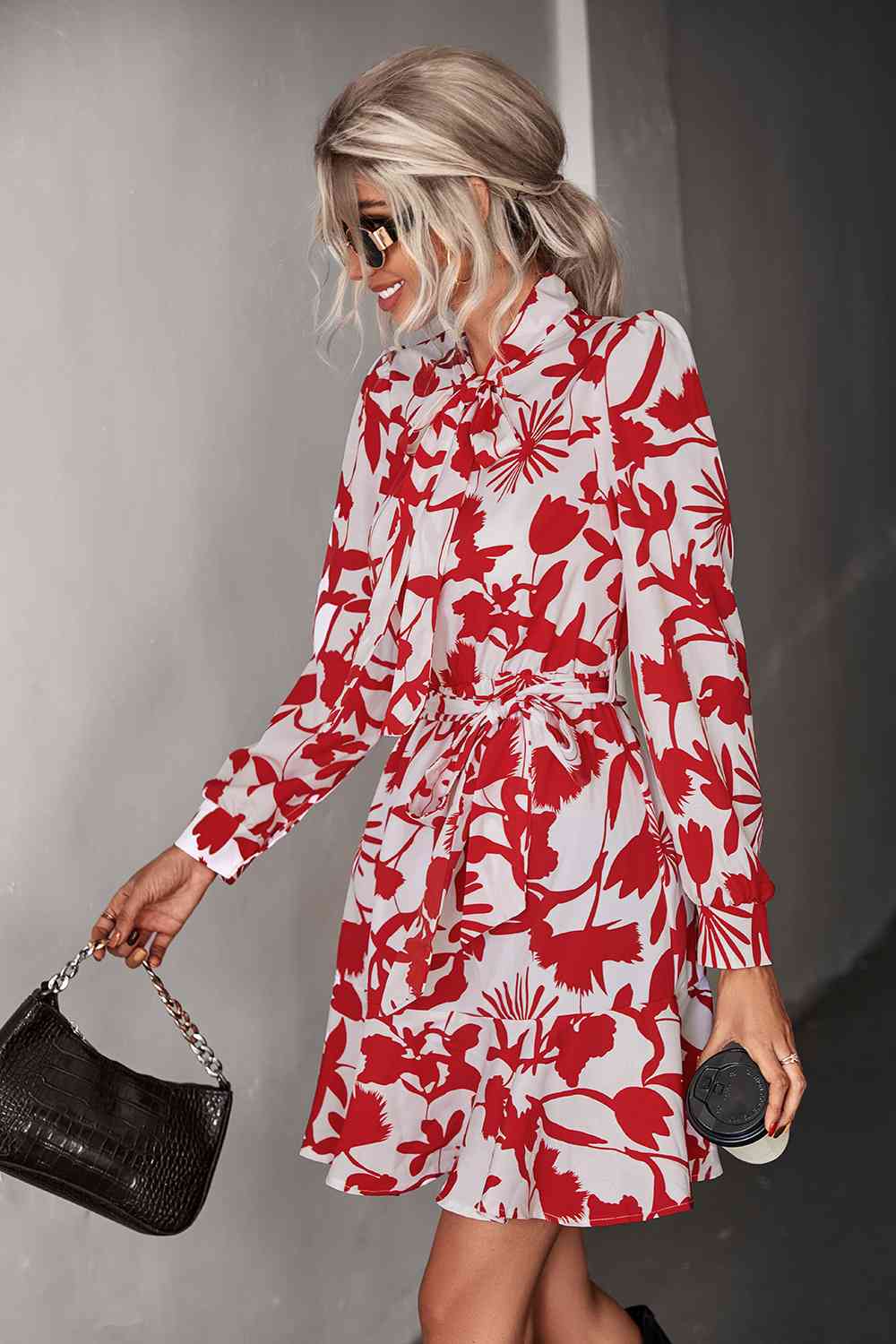 Floral Tie Neck Belted Puff Sleeve Dress