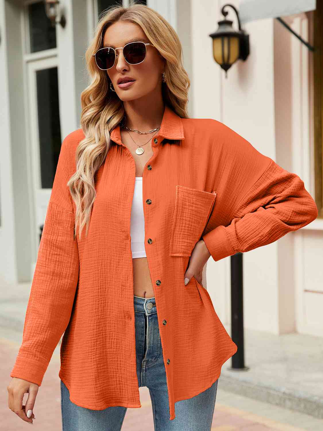 Button Up Collared Neck Drop Shoulder Shirt