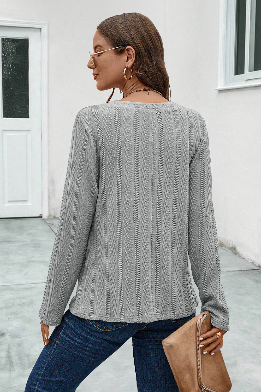 Buttoned Notched Neck Long Sleeve T-Shirt