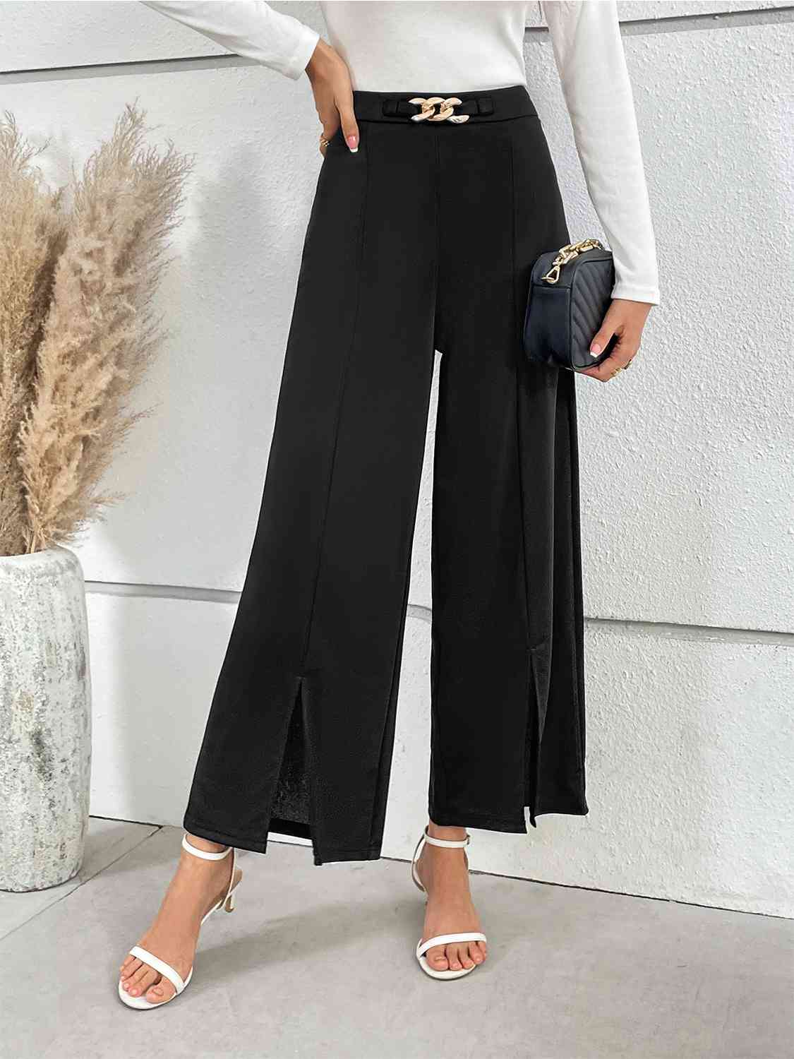 Chain Detail Slit Straight Pants