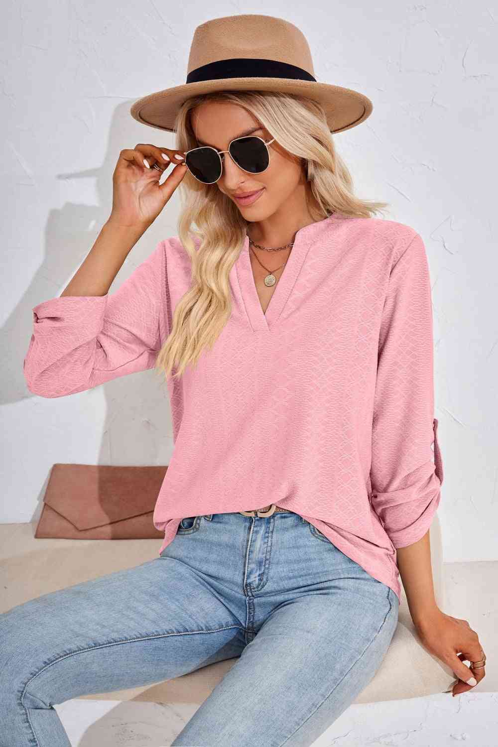 V-Neck Roll-Tap Sleeve Blouse