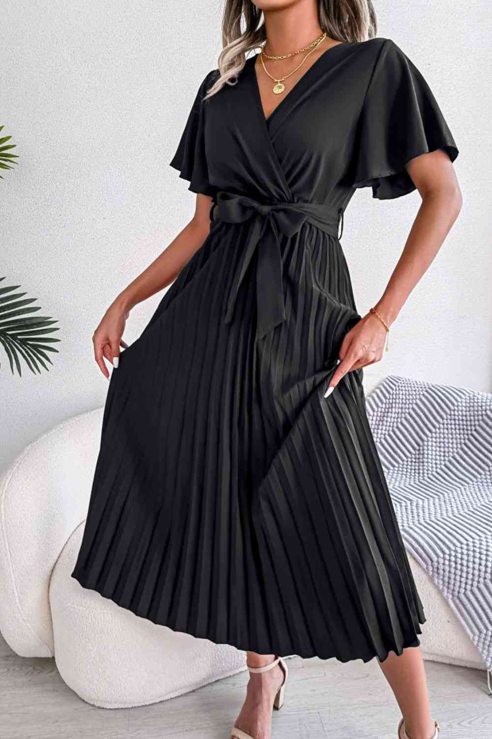 Pleated Flutter Sleeve Belted Dress