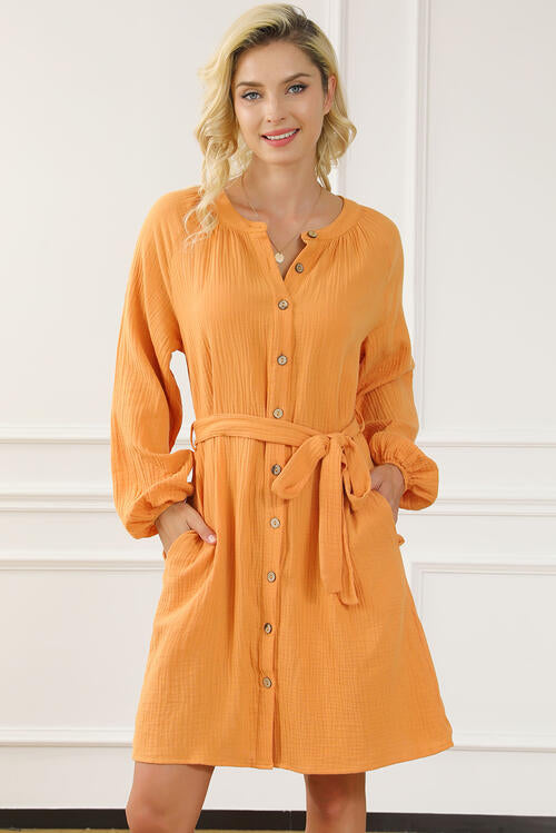 Tied Button Front Balloon Sleeve Dress