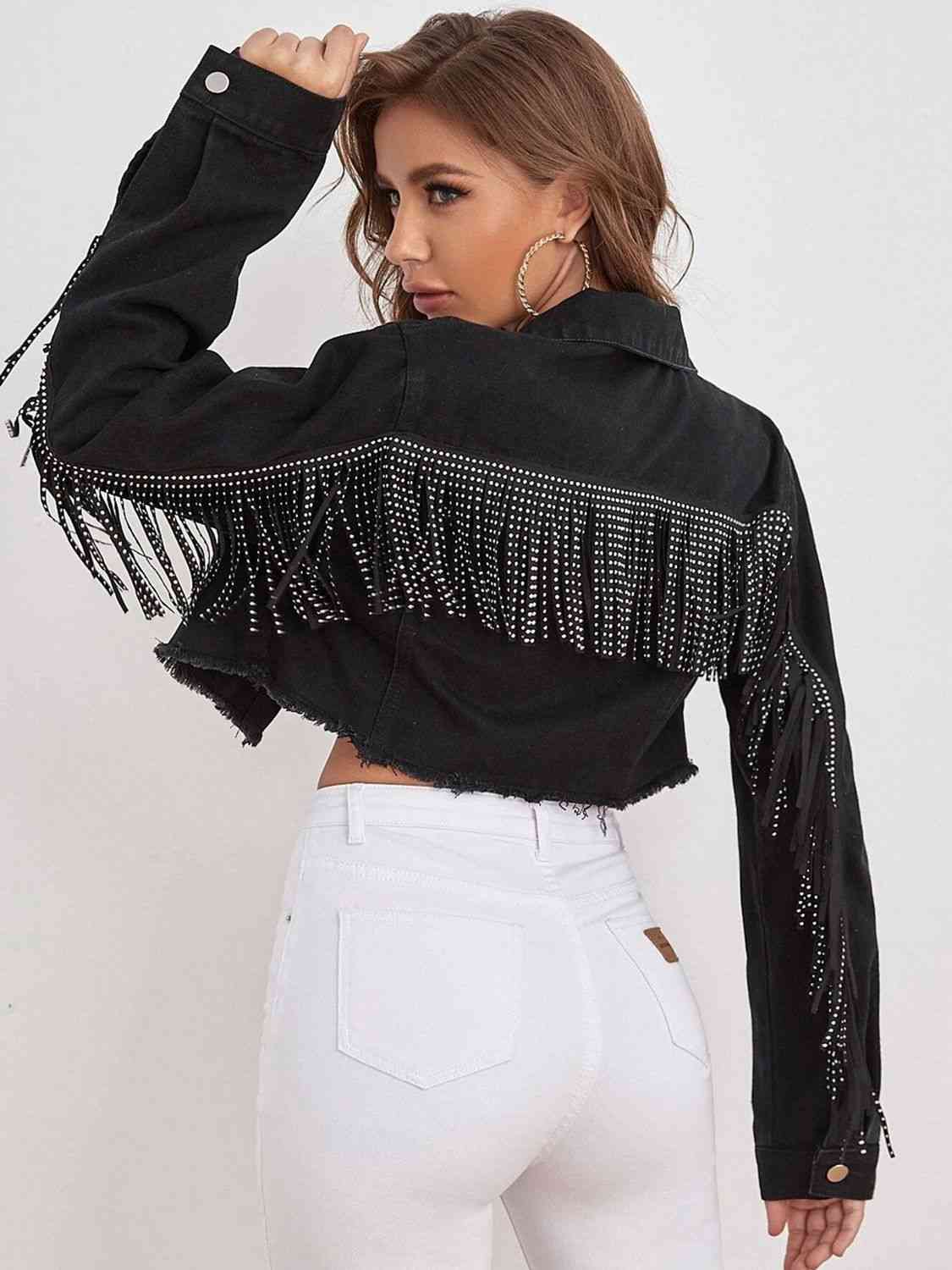 Fringe Detail Collared Neck Cropped Denim Jacket