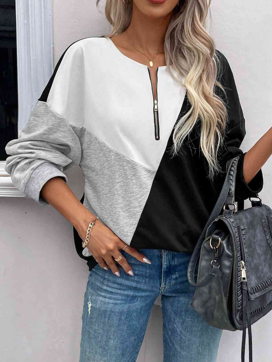 Color Block Zip-Up Sweatshirt