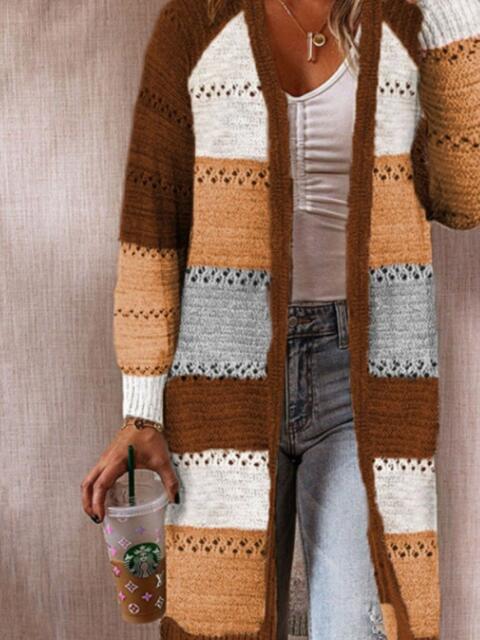 Color Block Open Front Openwork Cardigan