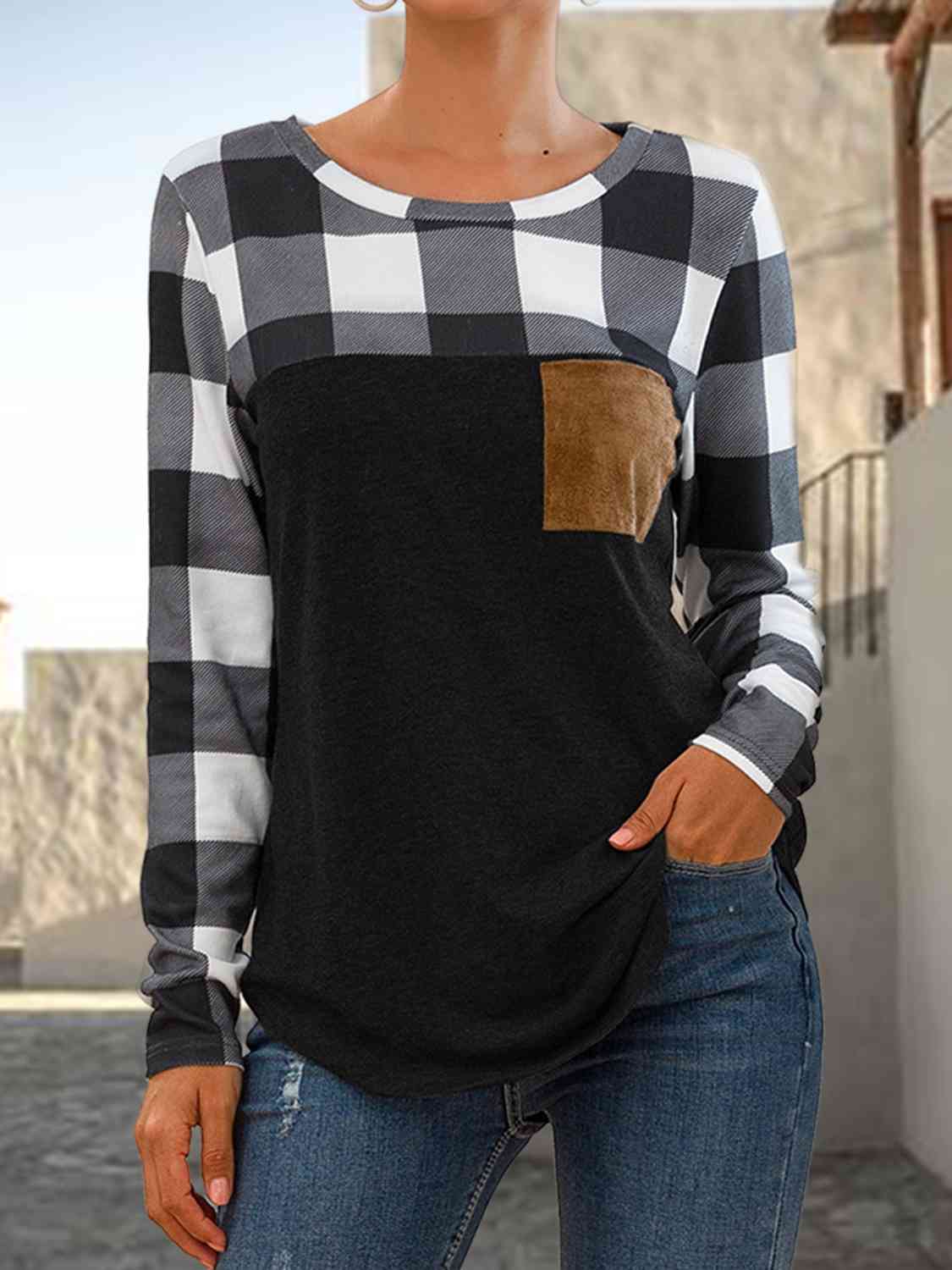 Plaid Round Neck Long Sleeve T-Shirt