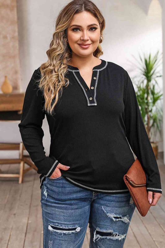 Plus Size Notched Neck Long Sleeve T-Shirt