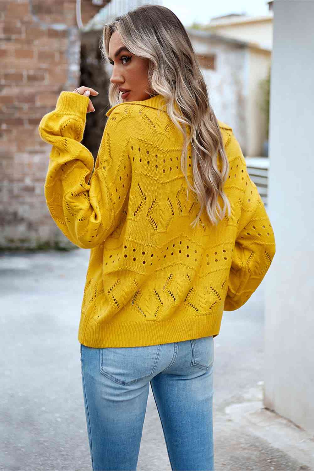 Openwork Long Sleeve Notched Neck Sweater