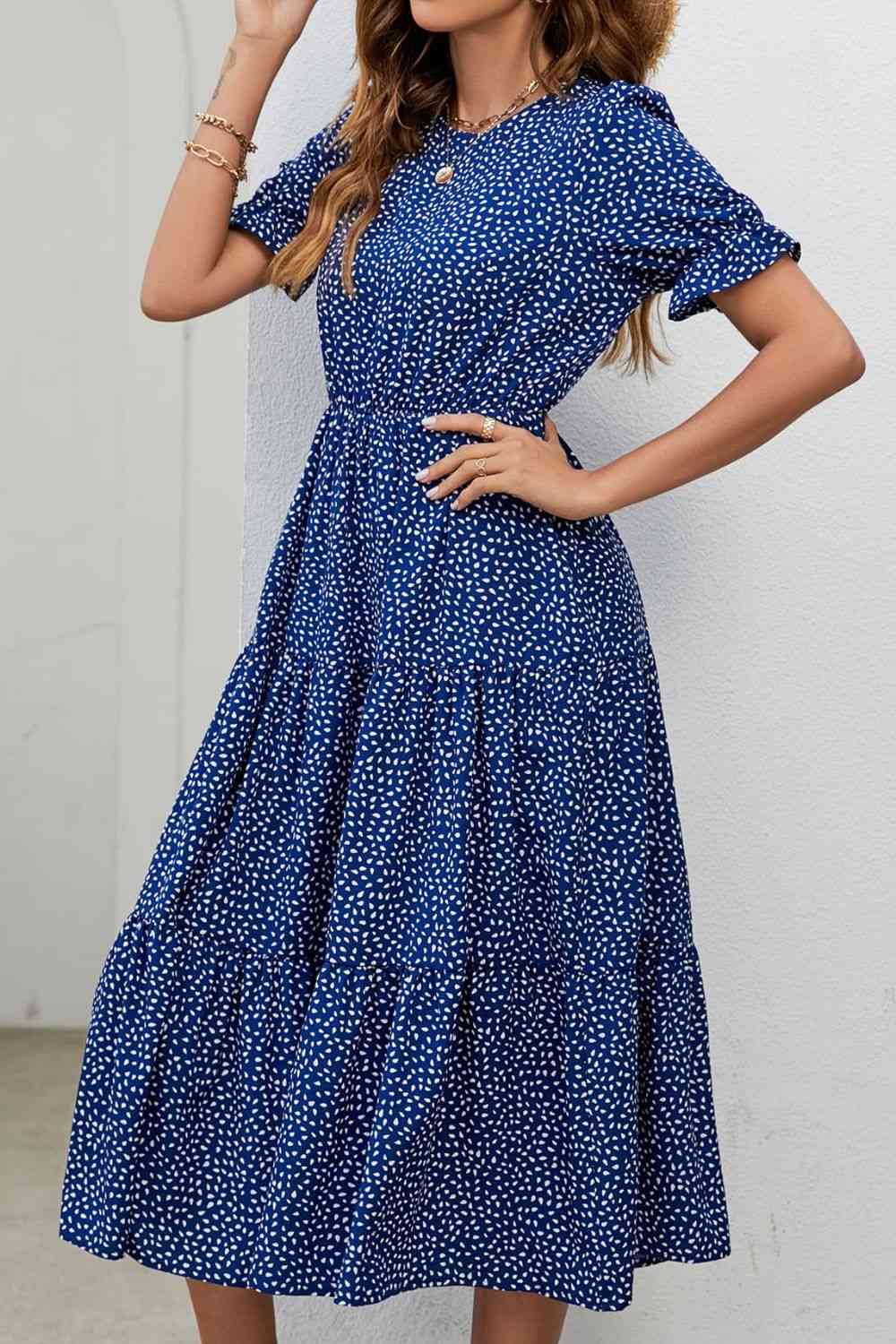 Polka Dot Short Flounce Sleeve Tiered Midi Dress