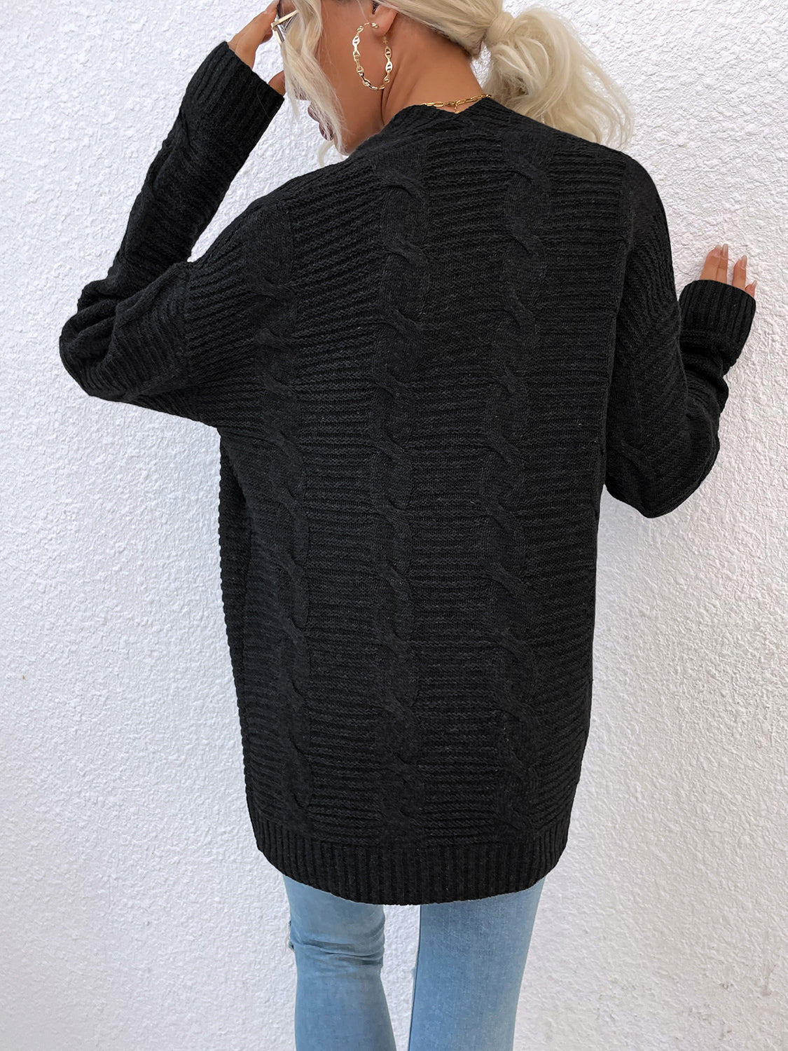 Cable-Knit Open Front Cardigan with Pockets