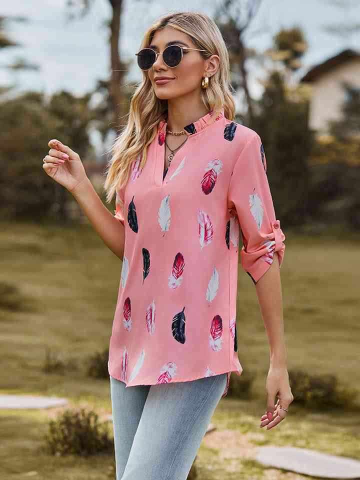 Printed Roll-Tab Sleeve Notched Neck Blouse