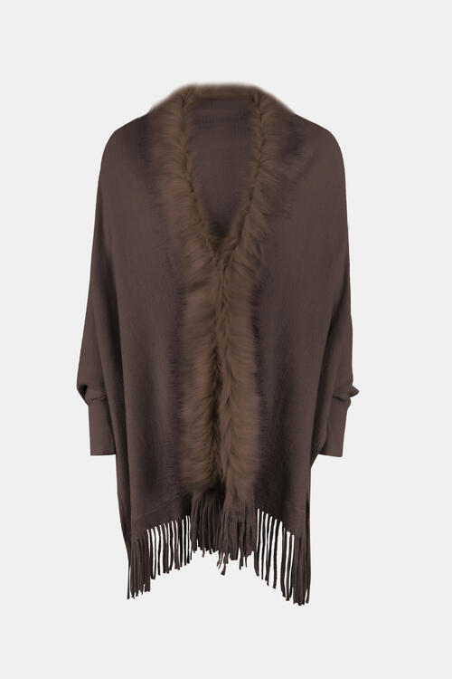 Fringe Open Front Long Sleeve Poncho