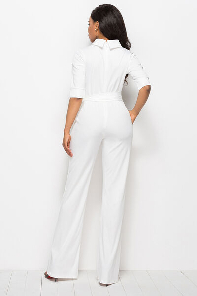 Mock Neck Tie-Waist Half Sleeve Jumpsuit