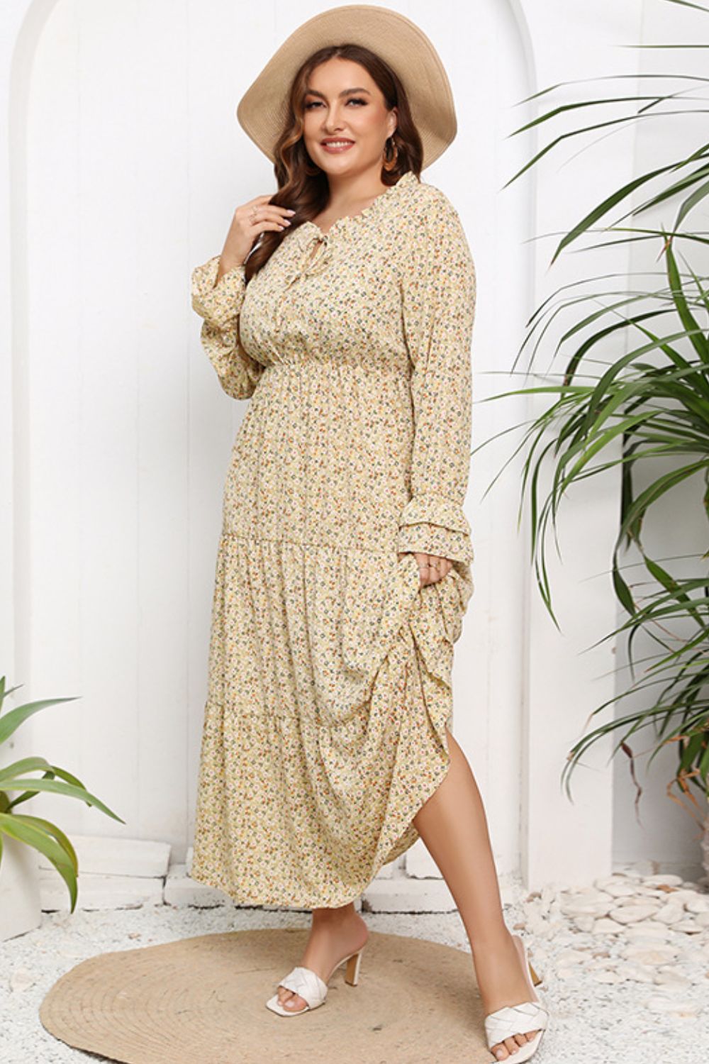 Plus Size Tied Frill Trim Flounce Sleeve Maxi Dress