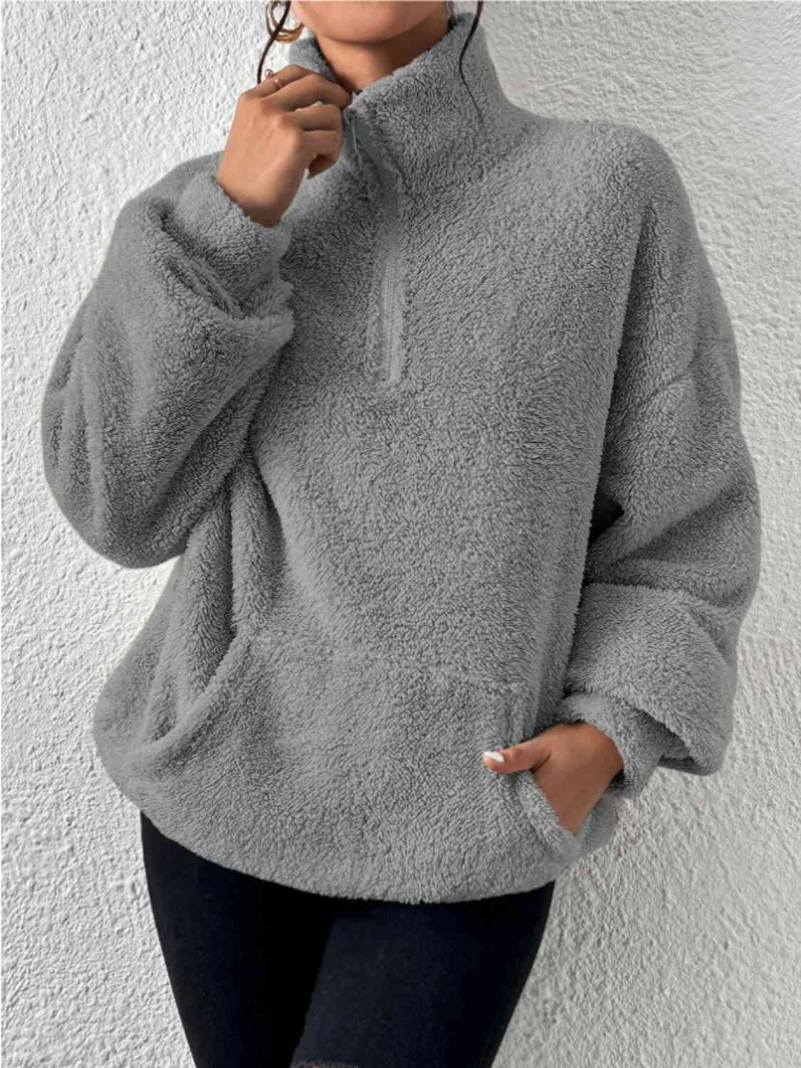 Half Zip Drop Shoulder Sweatshirt with Pocket