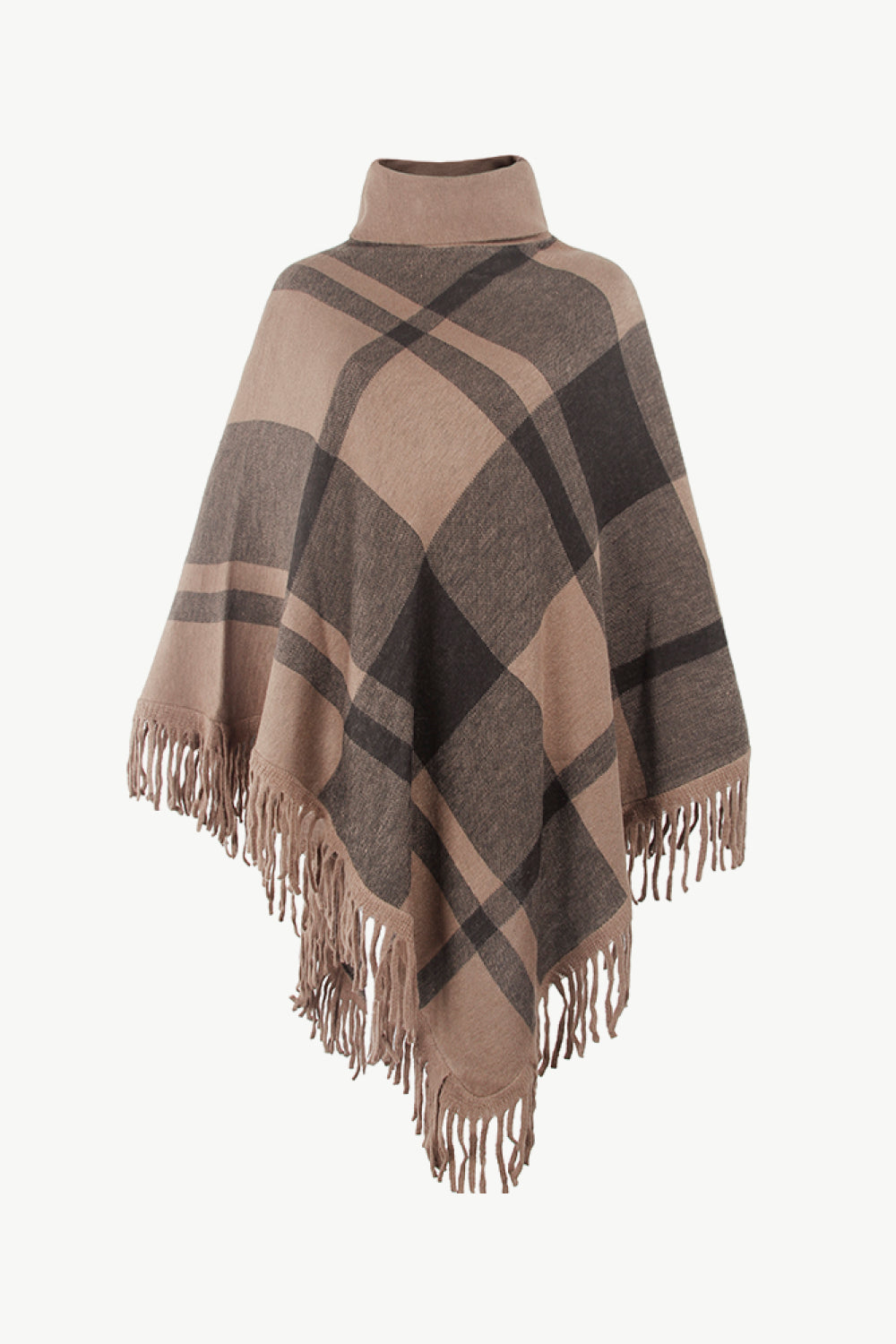 Plaid Turtleneck Fringe Hem Poncho