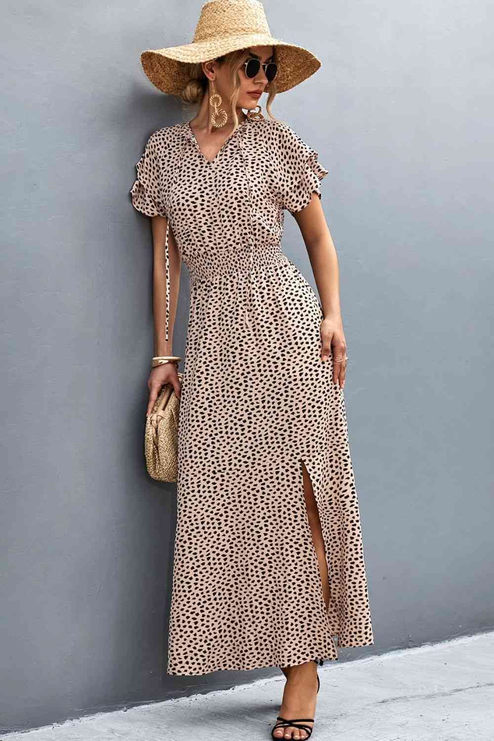 Printed Tie-Neck Flutter Sleeve Split Dress