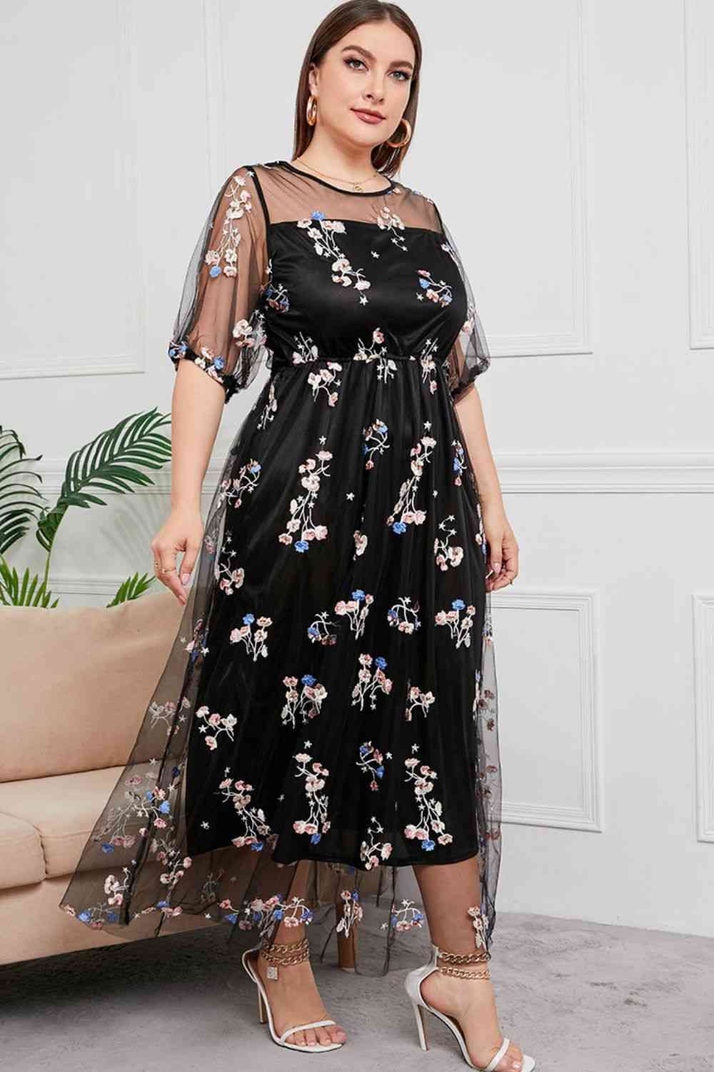 Plus Size Layered Mesh Round Neck Maxi Dress