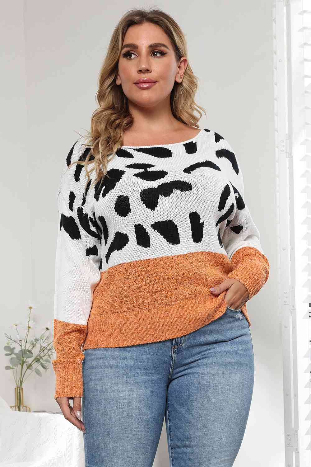 Plus Size Leopard Round Neck Long Sleeve Sweater