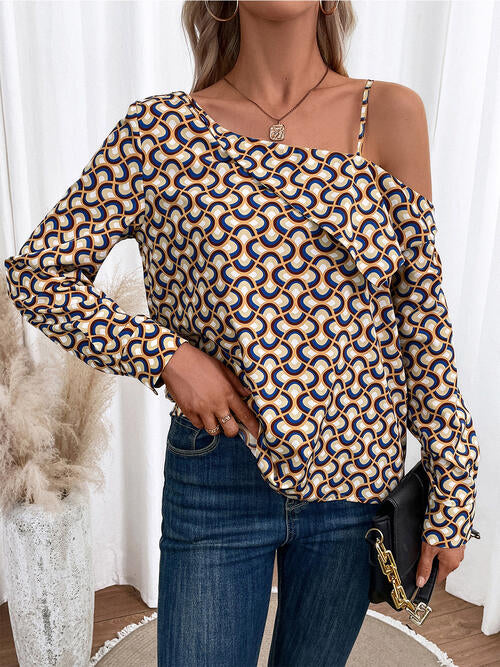 Printed Asymmetrical Neck Long Sleeve Top