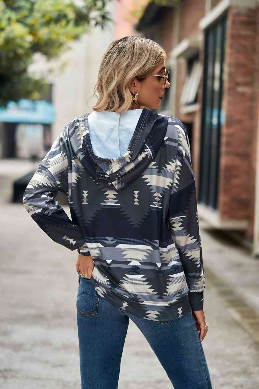 Geometric Drawstring Dropped Shoulder Hoodie