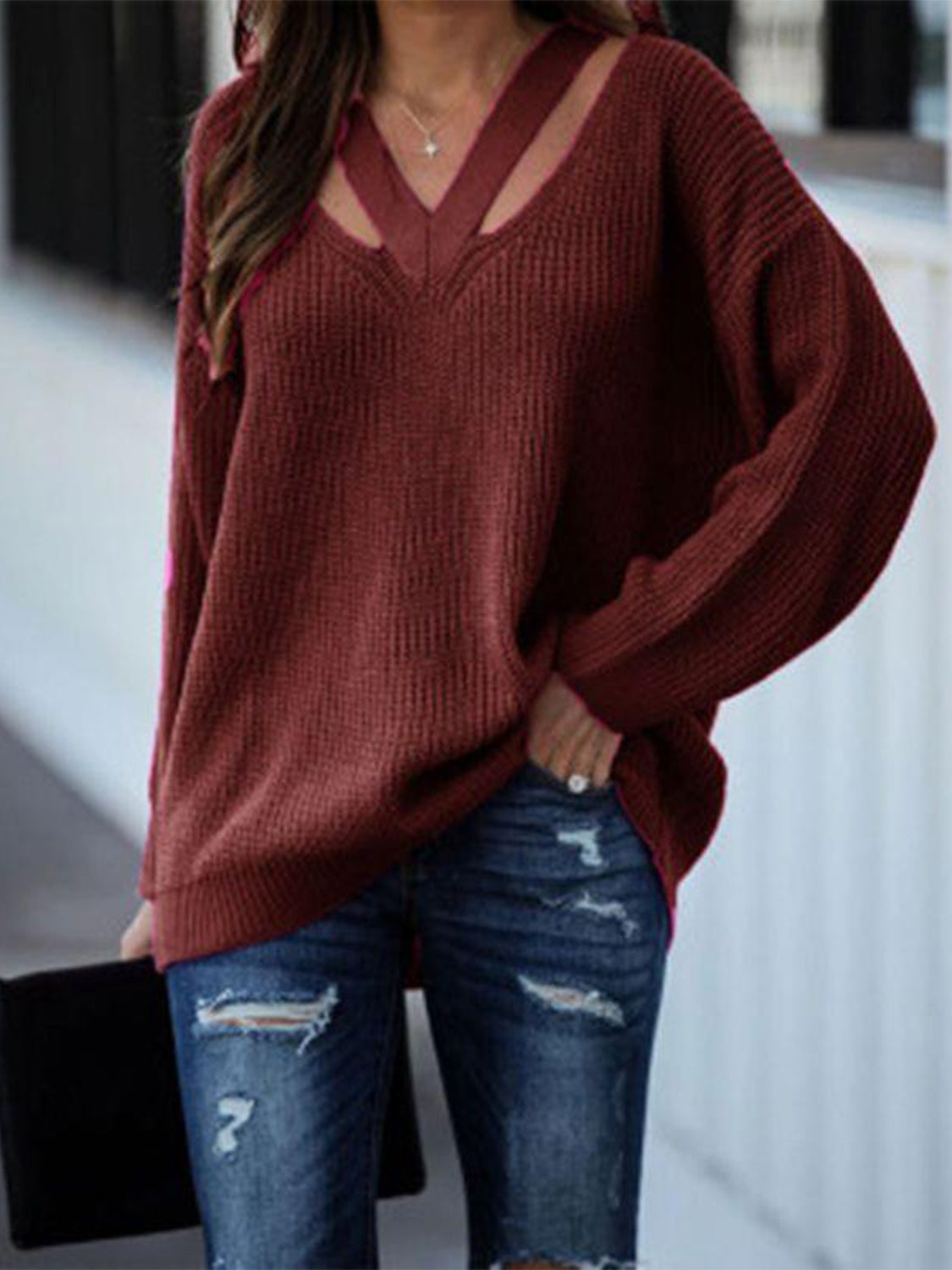 Full Size Cutout V-Neck Rib-Knit Sweater