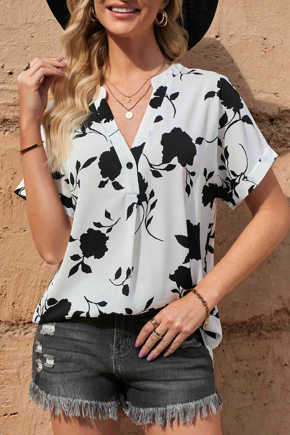 Floral Notched Neck Cuffed Short Sleeve Blouse