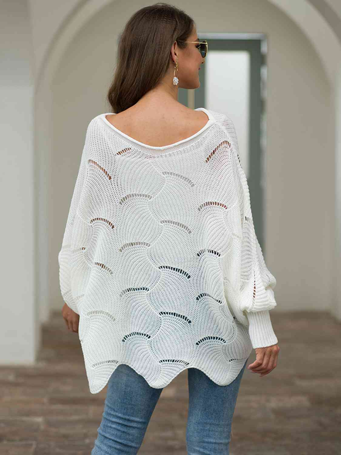 Full Size Boat Neck Lantern Sleeve Openwork Knit Top