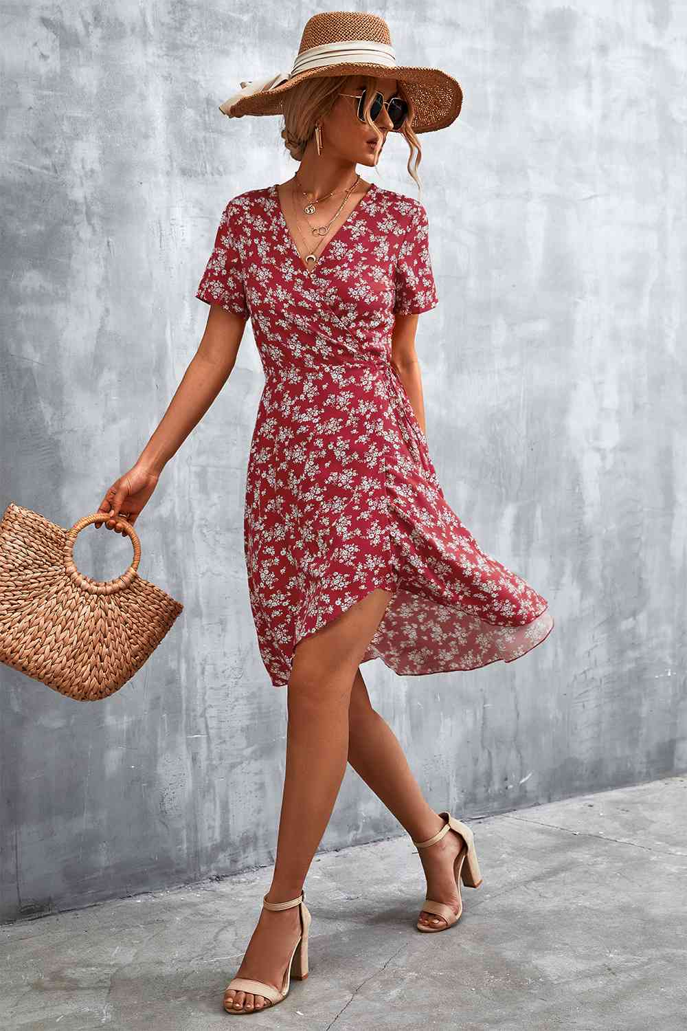 Floral Surplice Neck Flutter Sleeve Dress