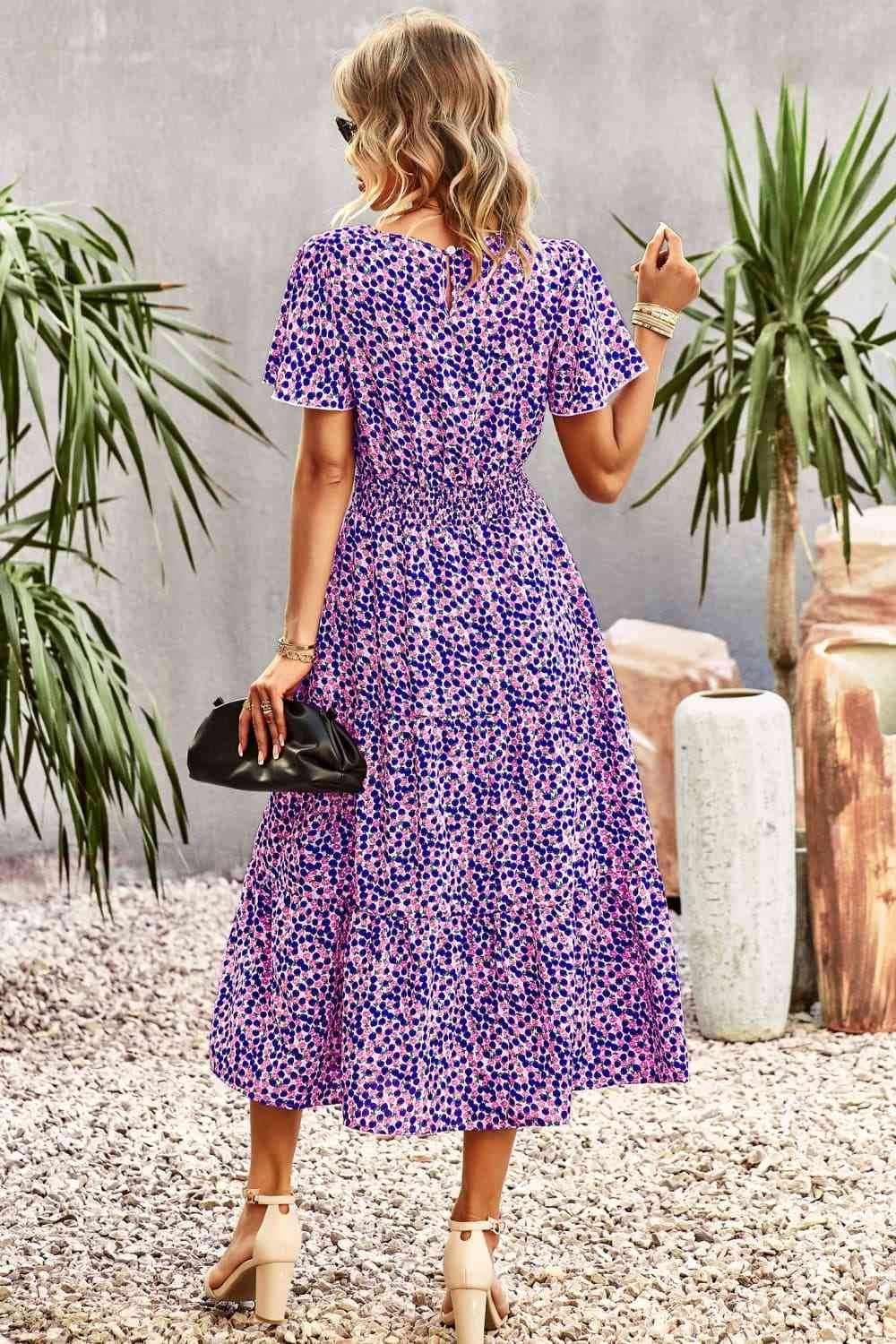 Floral Puff Sleeve Tiered Midi Dress