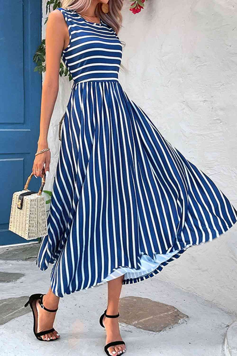 Striped Round Neck Sleeveless Dress with Pockets