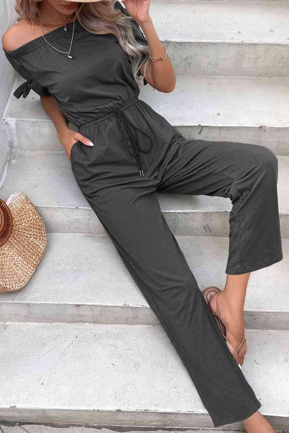 Off-Shoulder Tie Cuff Jumpsuit with Pockets