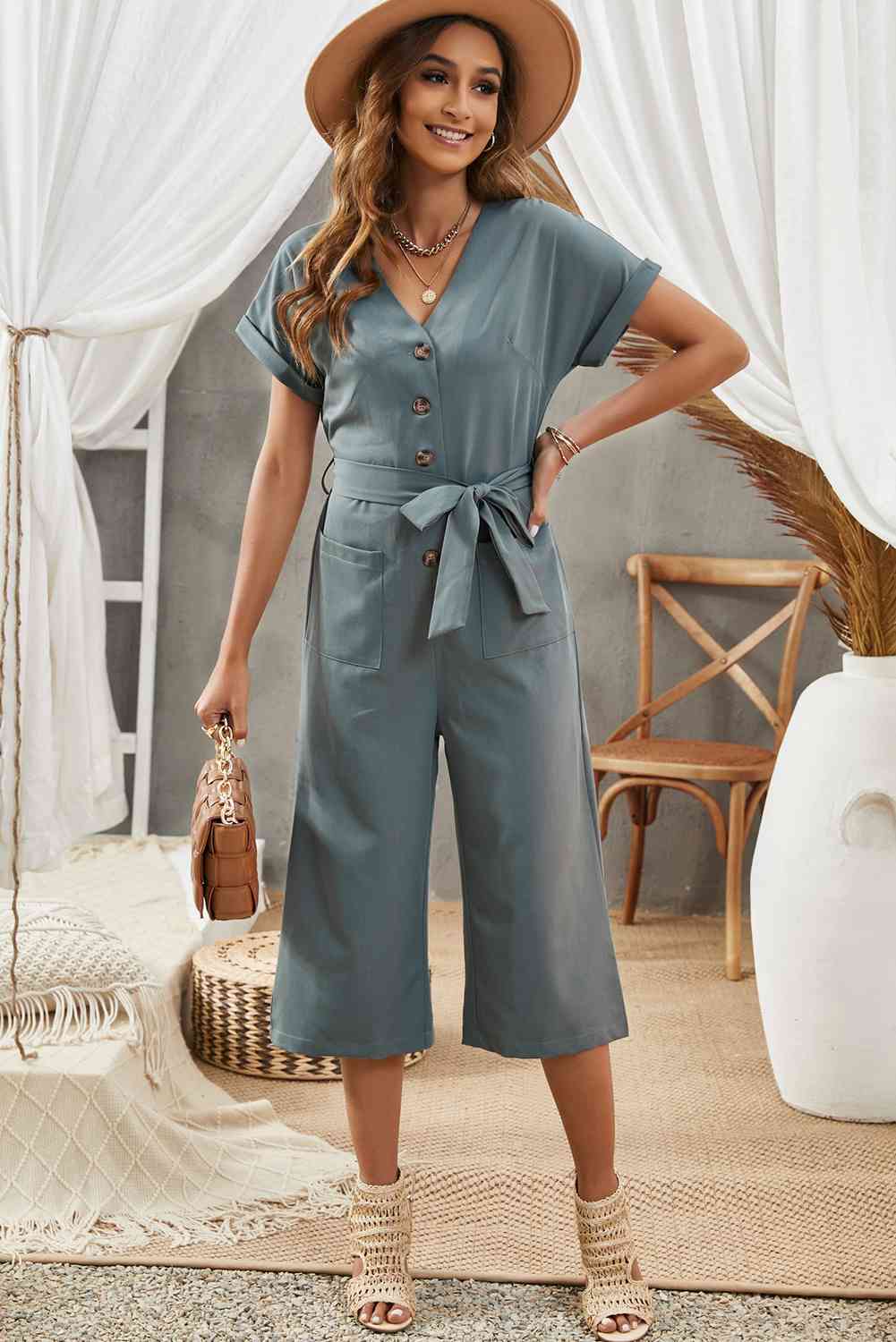 Button Front Belted Cropped Jumpsuit with Pockets