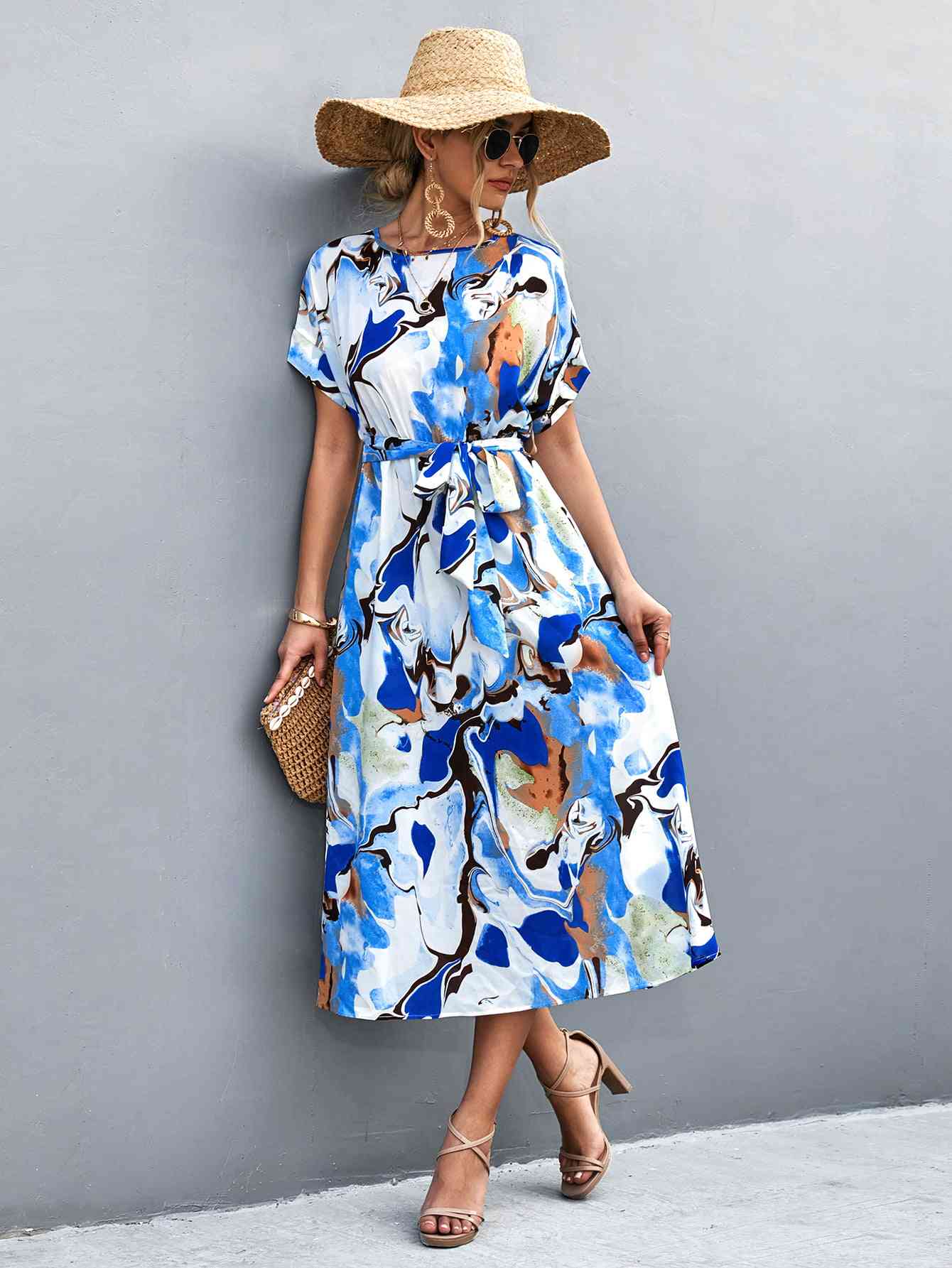 Round Neck Short Sleeve Tie Waist Midi Dress