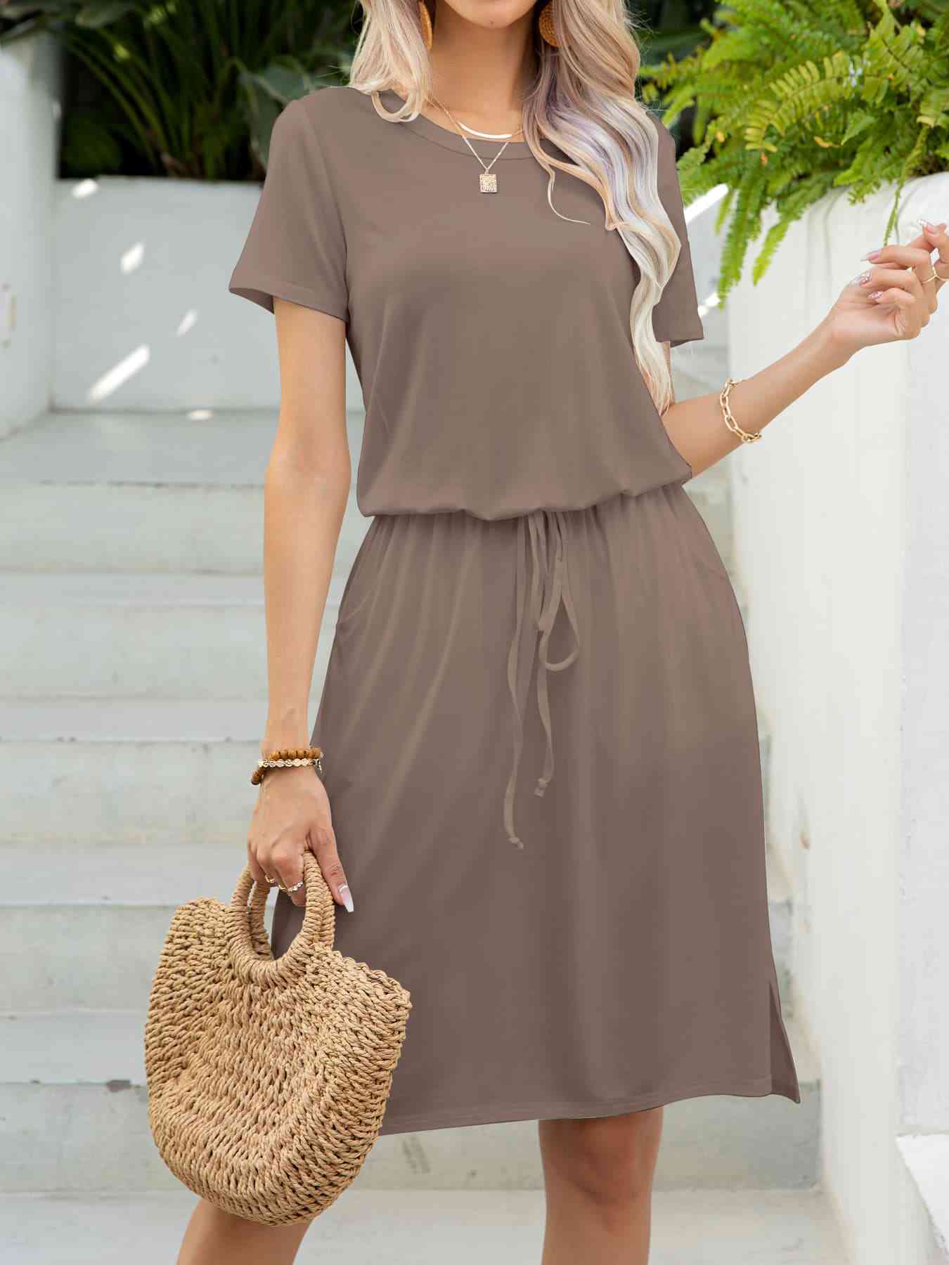 Round Neck Short Sleeve Slit Dress with Pockets