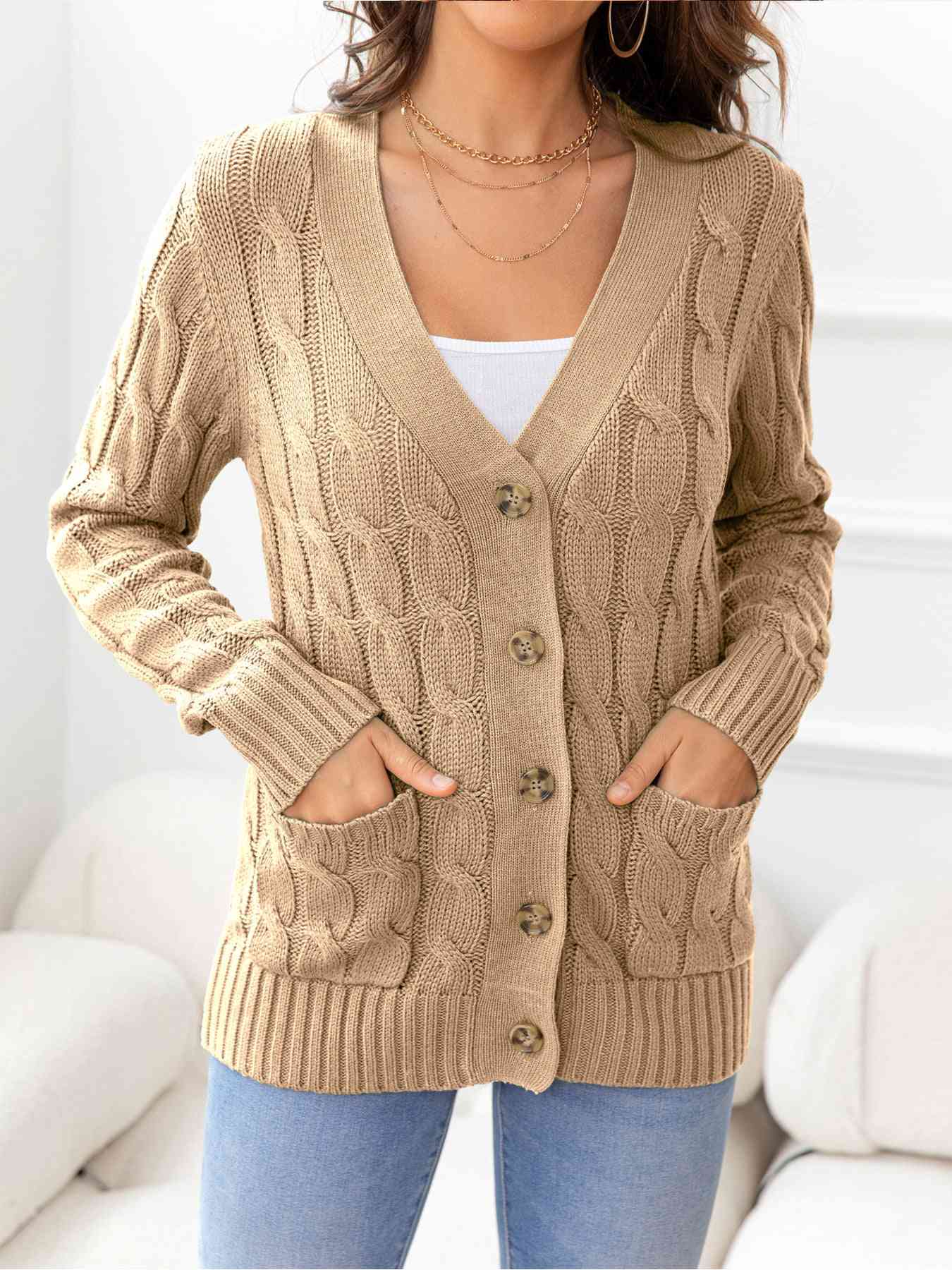 Button Down Cable-Knit Cardigan