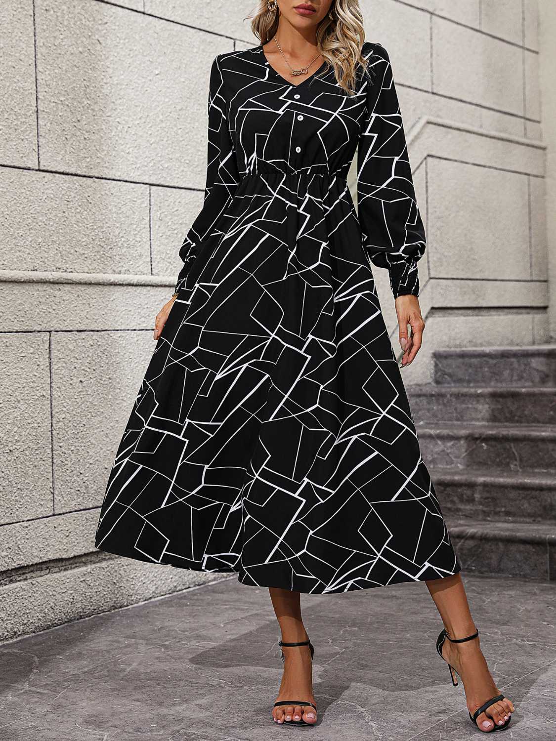 Geometric V-Neck Lantern Sleeve Dress