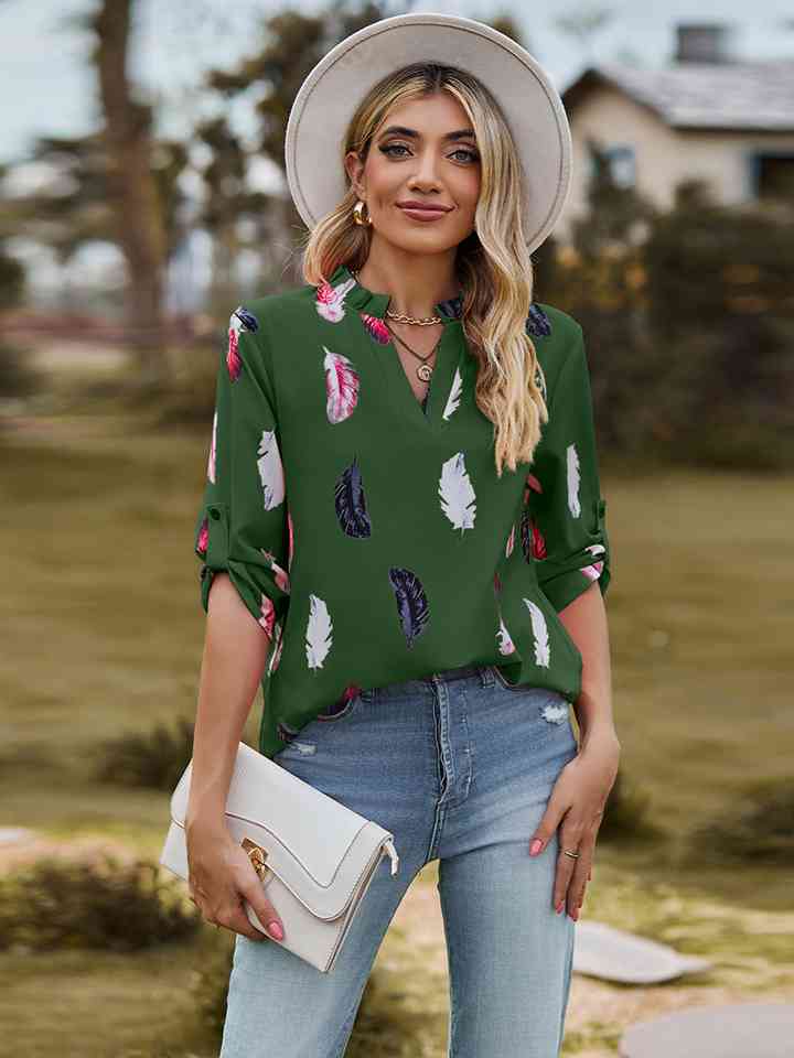 Printed Roll-Tab Sleeve Notched Neck Blouse