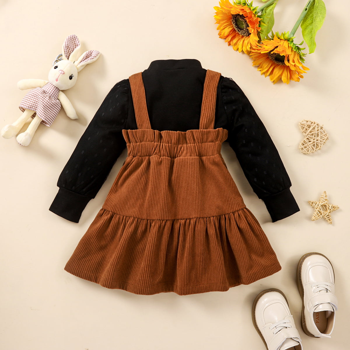 Puff Sleeve Round Neck Top and Buttoned Overall Dress Set