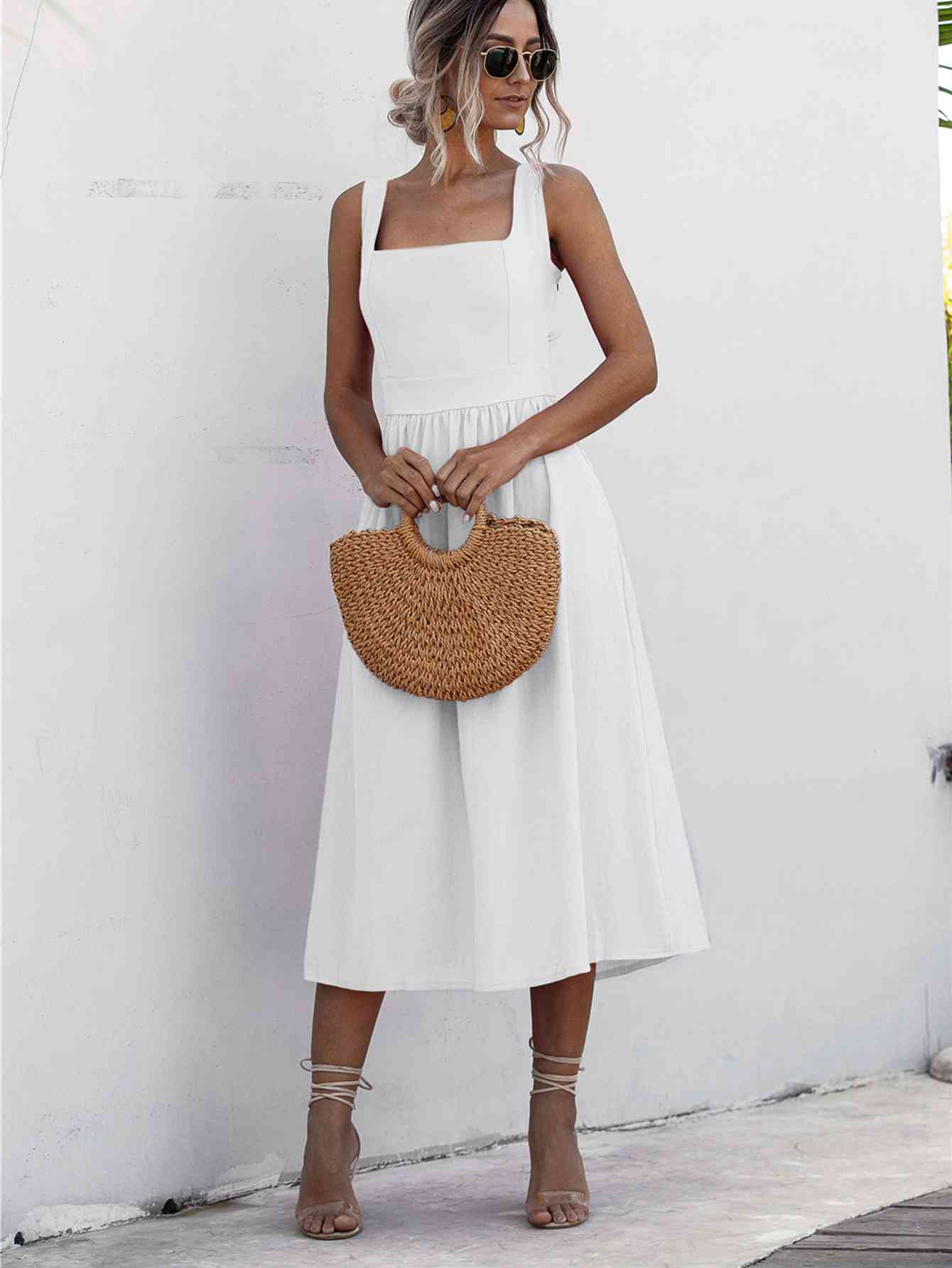 Square Neck Sleeveless Smocked Midi Dress