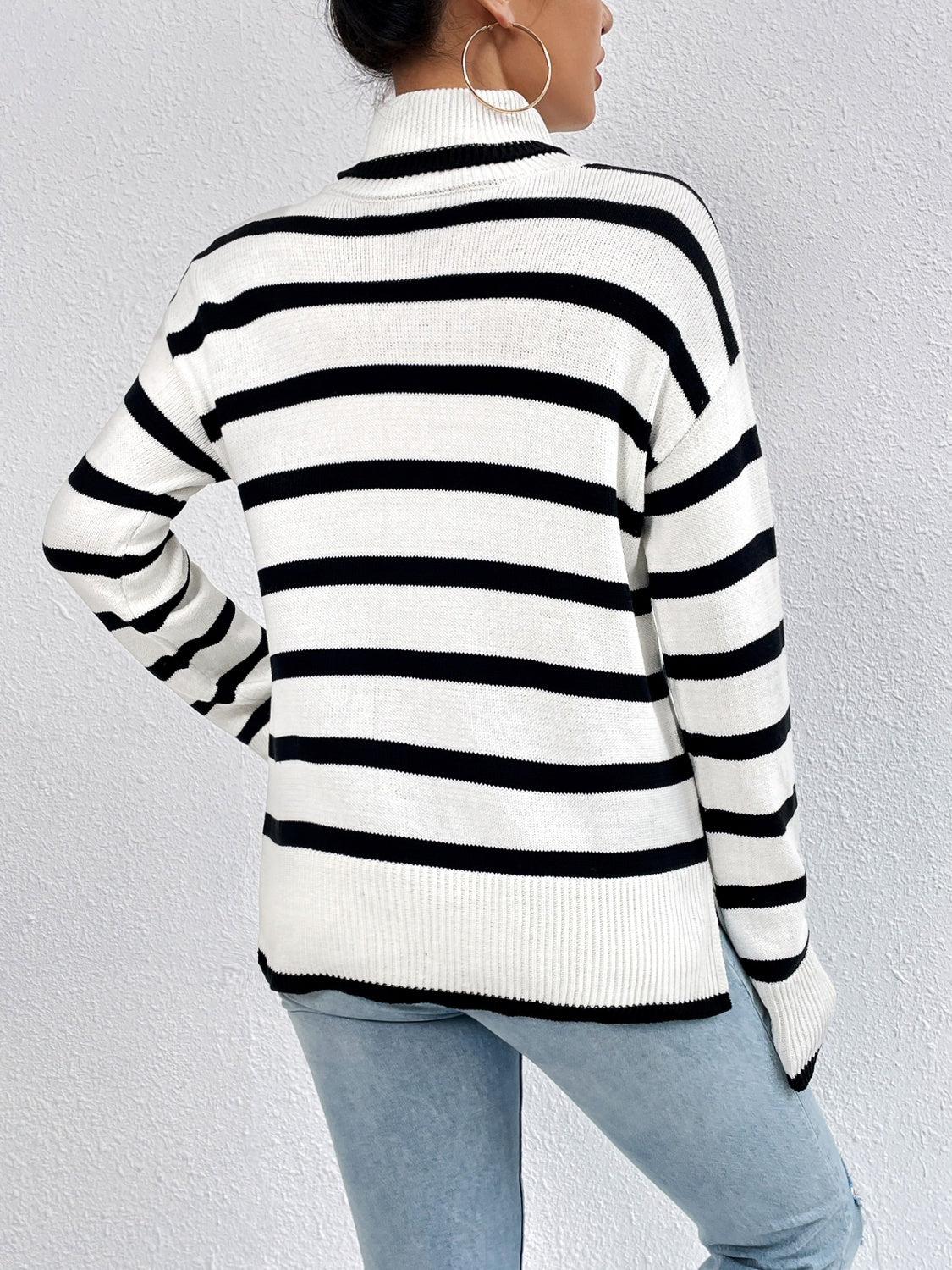 Striped Turtleneck Drop Shoulder Sweater