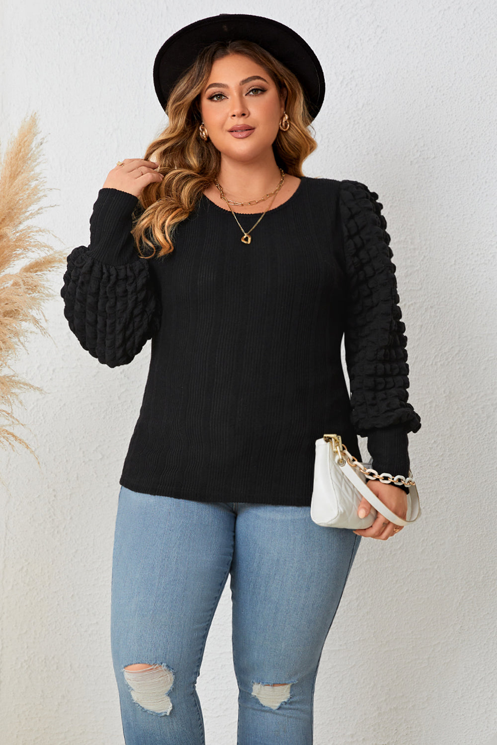 Plus Size Round Neck Lantern Sleeve Blouse